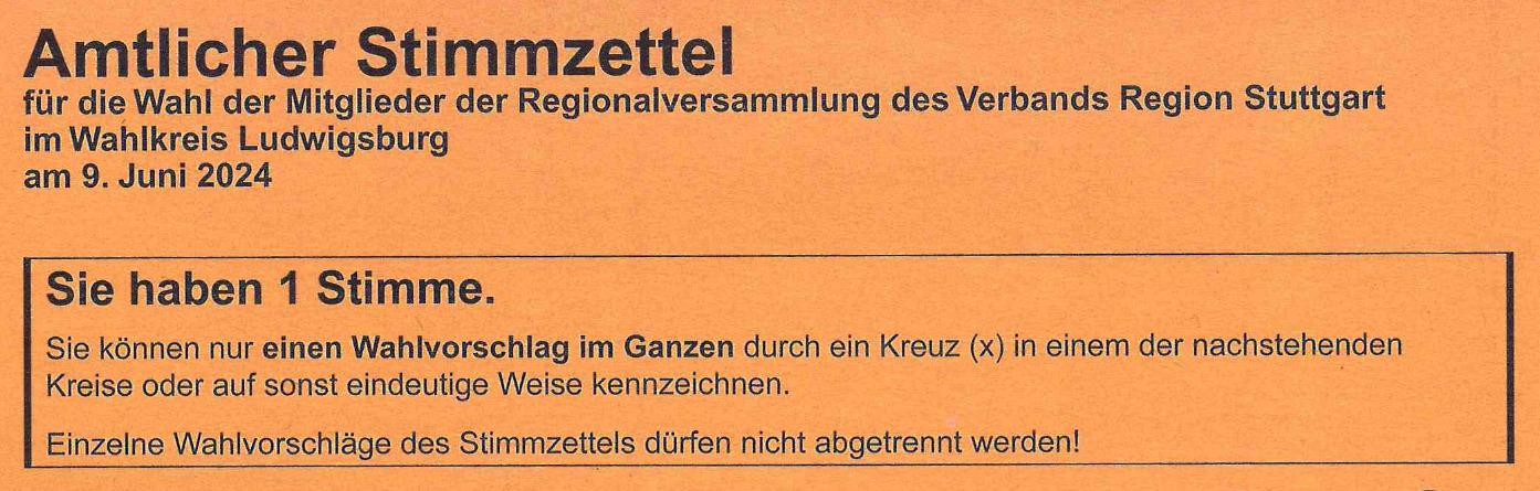 Stimmzettel Regionalverband Stuttgart